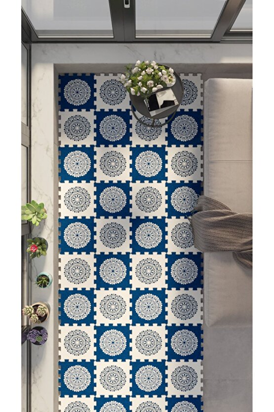 Mavi Beyaz Cam Balkon Yer Halısı Thb11 | Yapboz Halı | Puzzle Halı