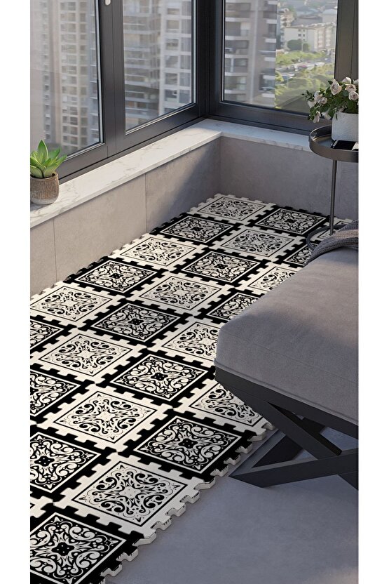 Siyah Beyaz Desenli Yıkanabilir Balkon Halıs Thb13 | Yapboz Halı | Puzzle Halı