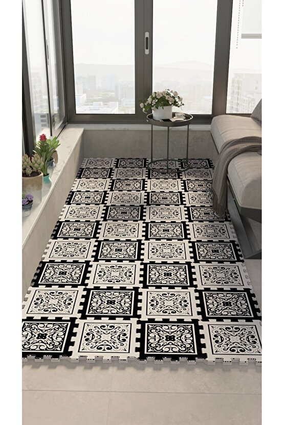 Siyah Beyaz Desenli Yıkanabilir Balkon Halıs Thb13 | Yapboz Halı | Puzzle Halı