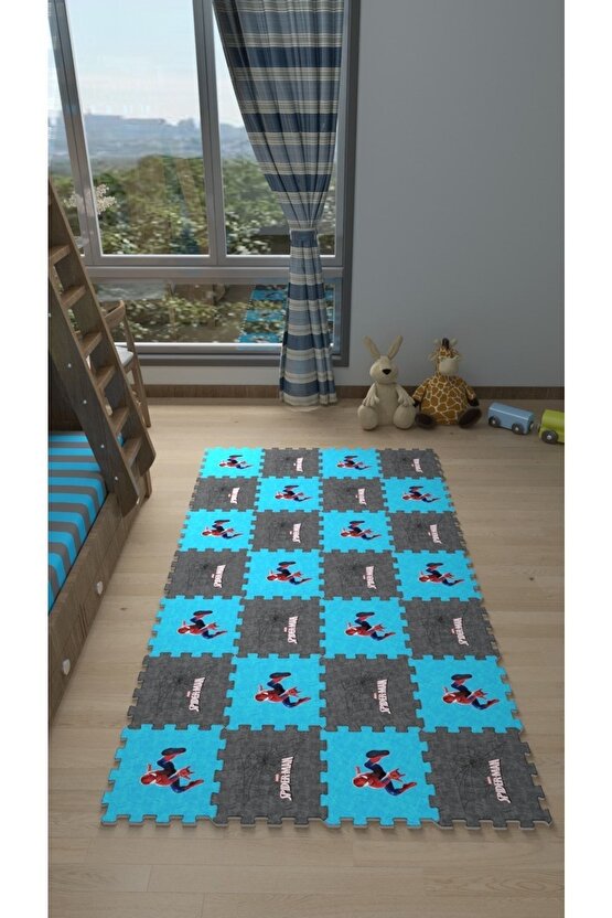 Spiderman Mavi Gri Yıkanabilir Çocuk Odası Sı Thc3 | Yapboz Halı | Puzzle Halı