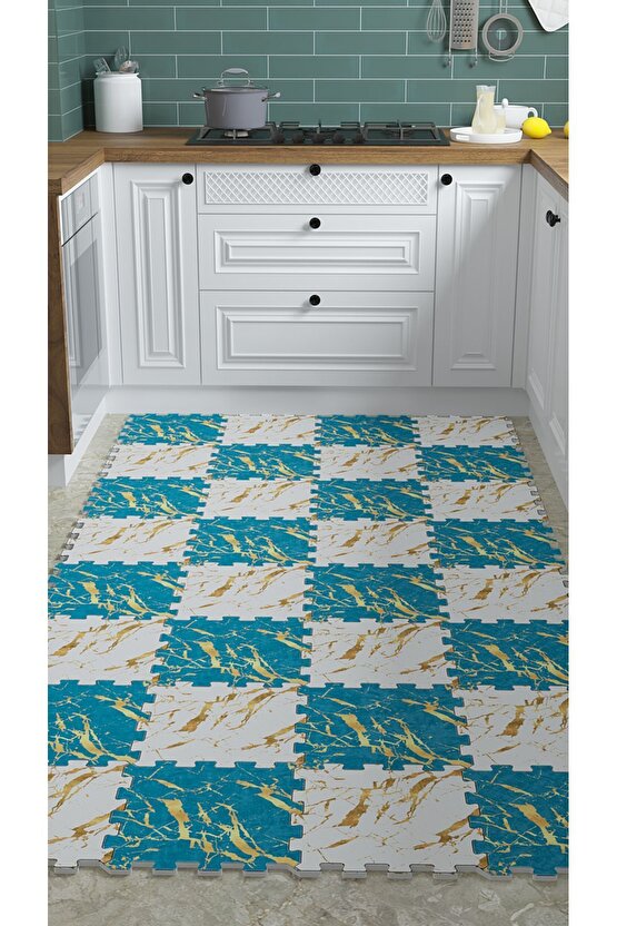 Mavi Beyaz Mermer Desenli Mutfak Halısı Thm27 | Yapboz Halı | Puzzle Halı