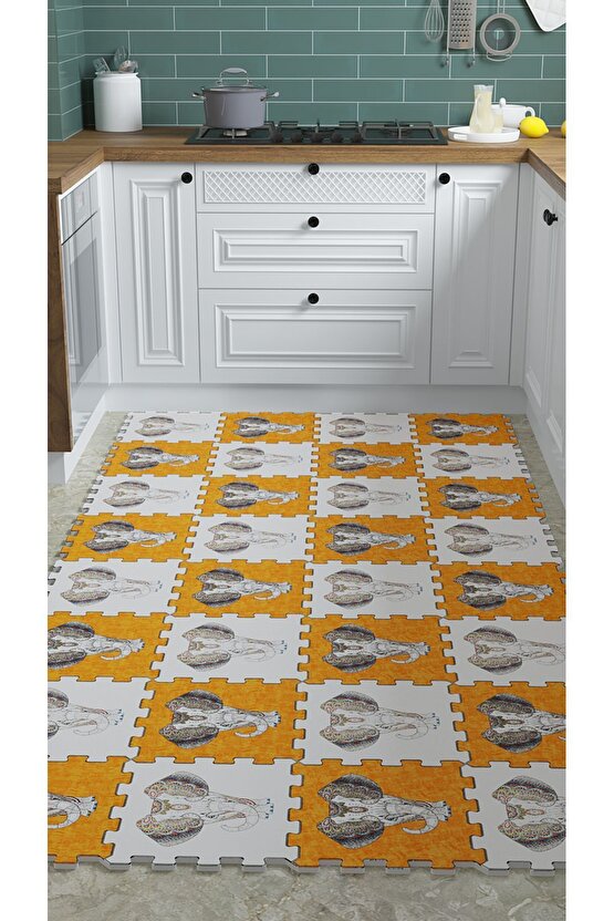 Turuncu Filli Yıkanabilir Mutfak Halısı Thm23 | Yapboz Halı | Puzzle Halı