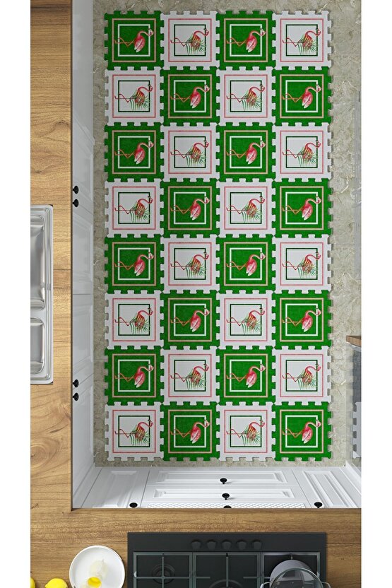 Leylekli Yeşil Beyaz Mutfak Halısı Thm10 | Yapboz Halı | Puzzle Halı