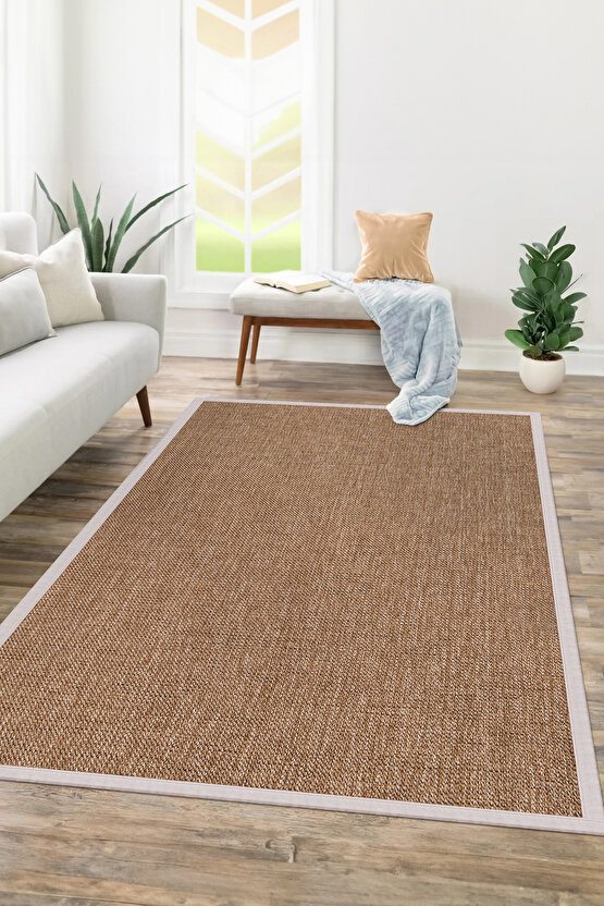 0604-Krem Kumaş Bordür Sisal Halı Kilim Hav Toz Vermez Kolay Temizlenen Hasır Kilim