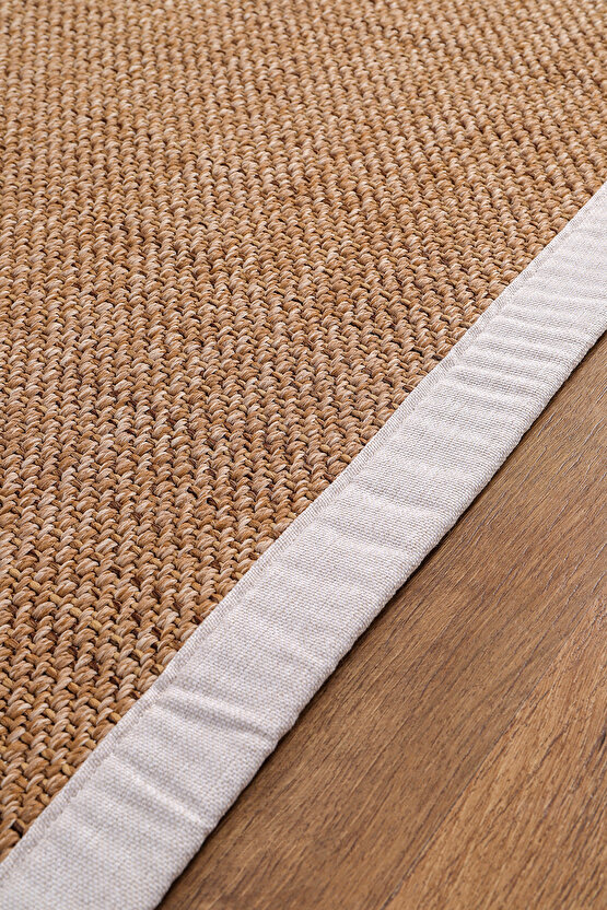 0604-Krem Kumaş Bordür Sisal Halı Kilim Hav Toz Vermez Kolay Temizlenen Hasır Kilim