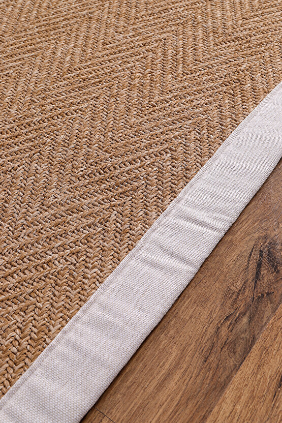 0503-Krem Kumaş Bordür Sisal Halı Kilim Hav Toz Vermez Kolay Temizlenen Hasır Kilim