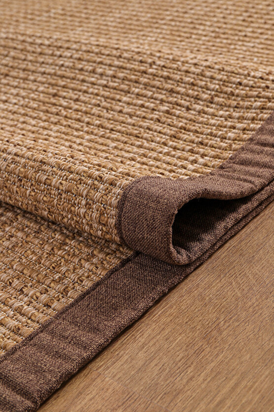 0465-Kahverengi Kumaş Bordür Sisal Halı Kilim Hav Toz Vermez Kolay Temizlenen Hasır Kilim