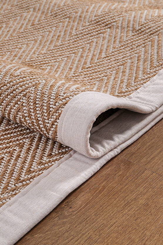 0408-Krem Kumaş Bordür Sisal Halı Kilim Hav Toz Vermez Kolay Temizlenen Hasır Kilim