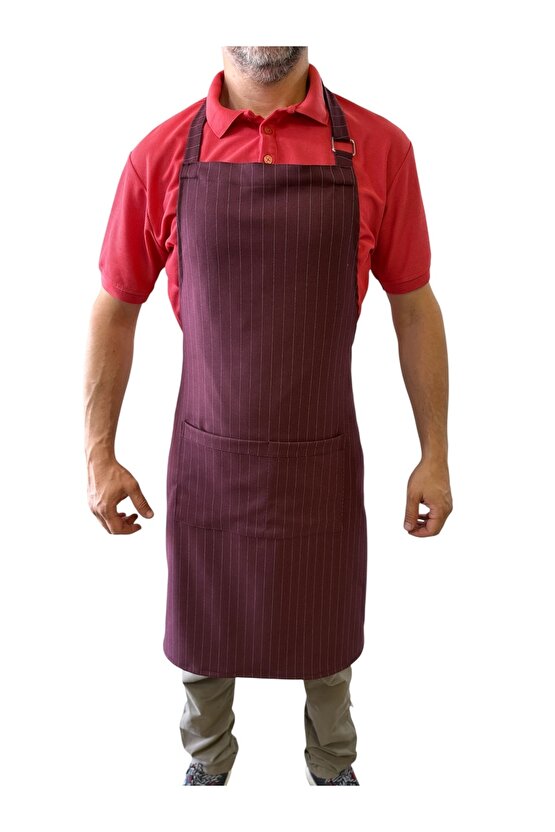 Mutfak Önlüğü Garson Aşçı Şef Servis Boydan Askılı Cepli Unisex Bordo Beyaz Çizgili