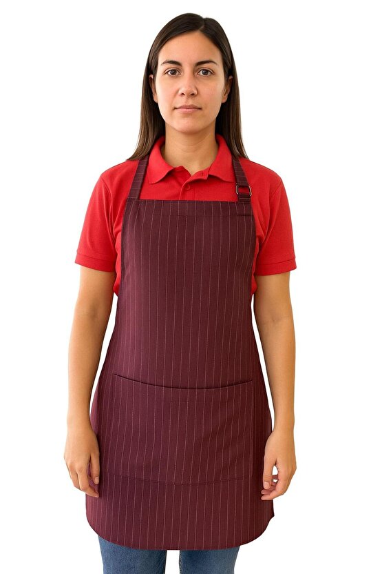 Mutfak Önlüğü Garson Aşçı Şef Servis Boydan Askılı Cepli Unisex Bordo Beyaz Çizgili
