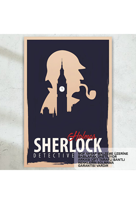 sherlock holmes polisiye dedektif roman kahramanı londra saat kulesi retro ahşap poster tablo
