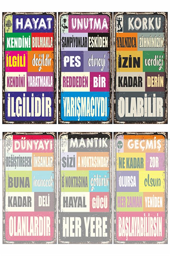 Renkli Eğlenceli Motivason Duvar Yazıları 6lı Mini Retro Ahşap Poster Seti