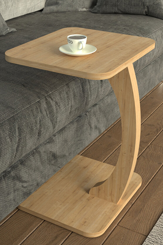 C Ayaklı Modern YanSehpa Koltuk Yanı Laptop Kahve Kitap Sehpası Servis Sehpası Dikdörtgen SafirMeşe