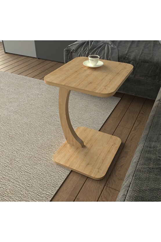 C Ayaklı Modern YanSehpa Koltuk Yanı Laptop Kahve Kitap Sehpası Servis Sehpası Dikdörtgen SafirMeşe