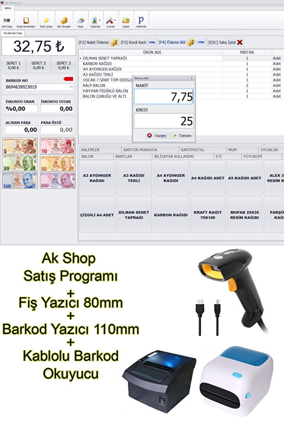 Barkod Satış Sistemi & Market Programı & Fiş Yazıcı 80mm & Barkod Yazıcı & Kablolu Barkod Okuyucu