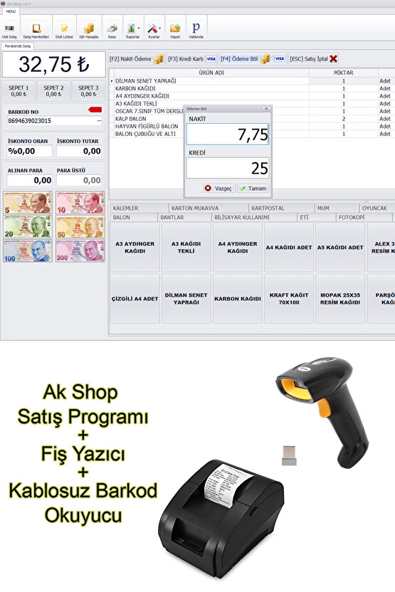Barkod Satış Sistemi & Market Programı & Fiş Yazıcı & Kablosuz Barkod Okuyucu