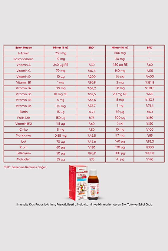 İmuneks Kids Focus L-Arjinin, Fosfotidilserin, Multivitamin ve Mineraller İçeren Sıvı Takviye Edici