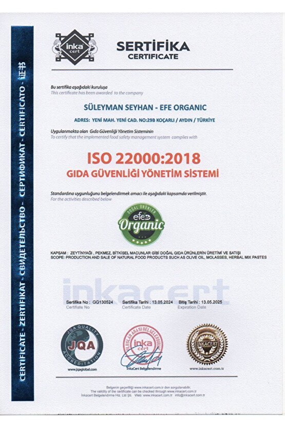 Efe Organic Ultra Natural Sızma Zeytinyağı 20 Lt Teneke