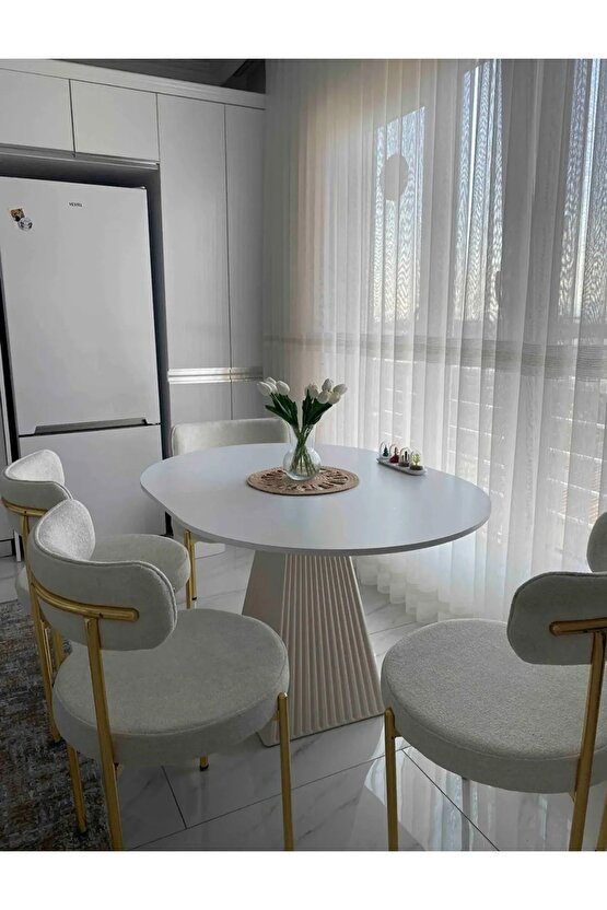 100 Cm Yuvarlak Bej Fitilli Ahşap Yemek Masası - Fungi Serisi - Mutfak Balkon Kafe Masası