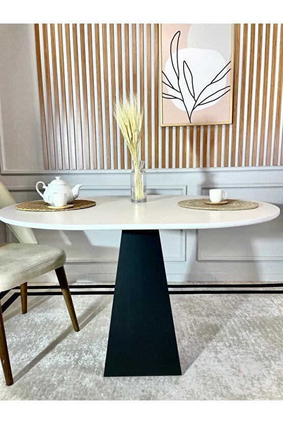120x90 Cm Oval Siyah Ahşap Yemek Masası - Fungi Serisi - Balkon Ve Kafe Masası