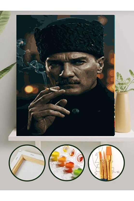 Sayılarla Boyama Kasnaklı Tablo Seti Fırça Boya Dahil 40x50 Atatürk2