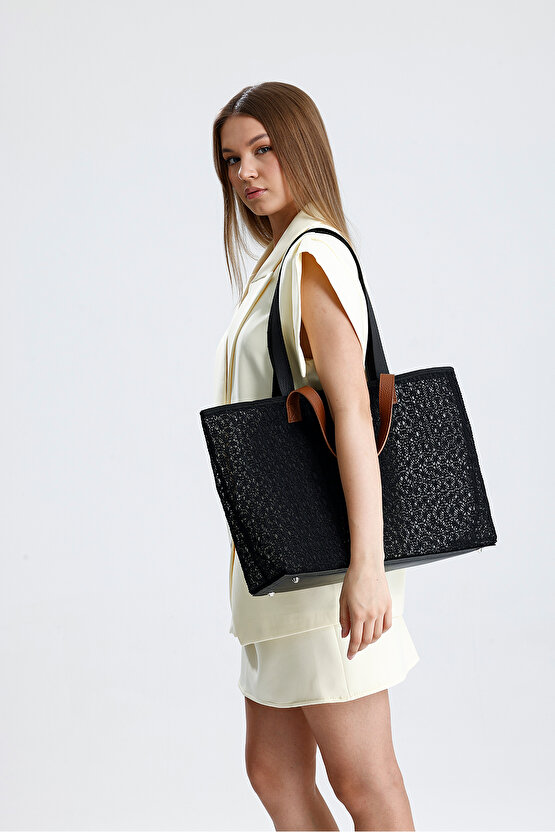 Kadın Siyah Dantel Desenli Büyük Boy Plaj Ve Alışveriş Shopper Tote Omuz Çantası