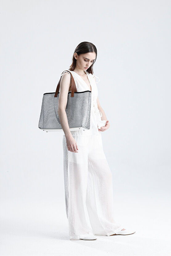 Kadın Beyaz Petek Desenli Şeffaf Büyük Boy Plaj Ve Alışveriş Shopper Tote Omuz Çantası