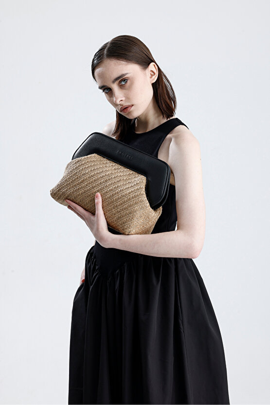 Heybes Kadın Siyah Çerçeveli Balık Sırtı Jüt Clutch El Çantası