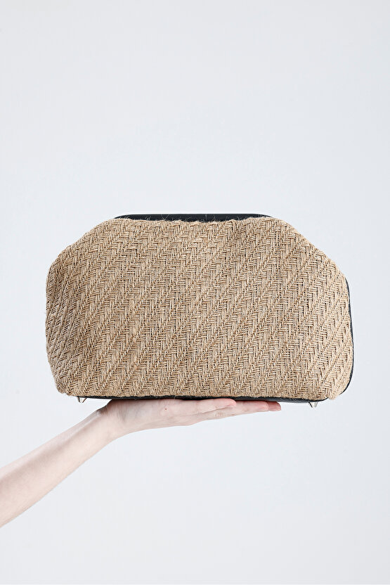 Heybes Kadın Siyah Deri Detaylı Balık Sırtı Örgü Jüt Clutch El Çantası