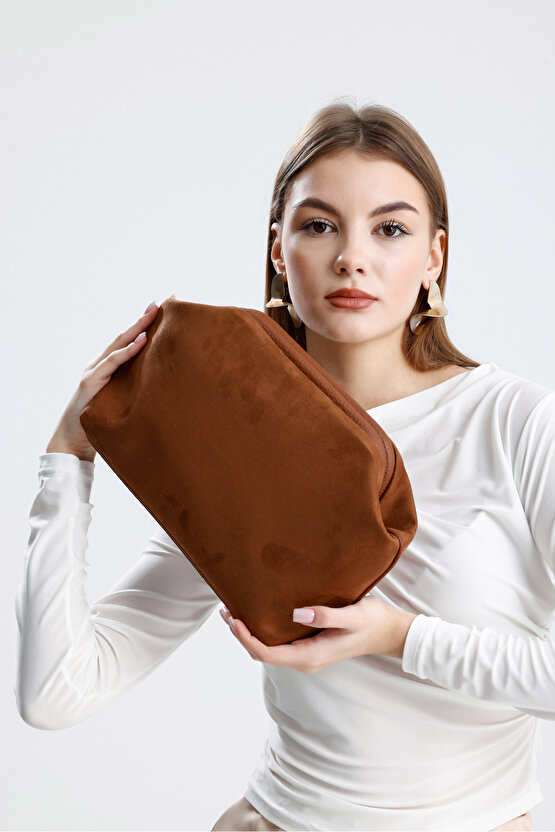 Heybes Kadın Taba Kahve Süet Clutch El Çantası