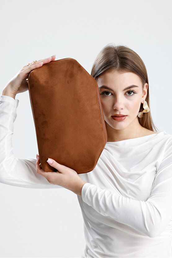 Heybes Kadın Taba Kahve Süet Clutch El Çantası
