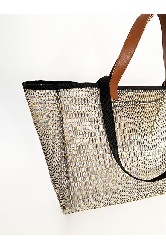 Heybes Kadın Bej Petek Desenli Şeffaf Büyük Boy Plaj Ve Alışveriş Shopper Tote Omuz Çantası