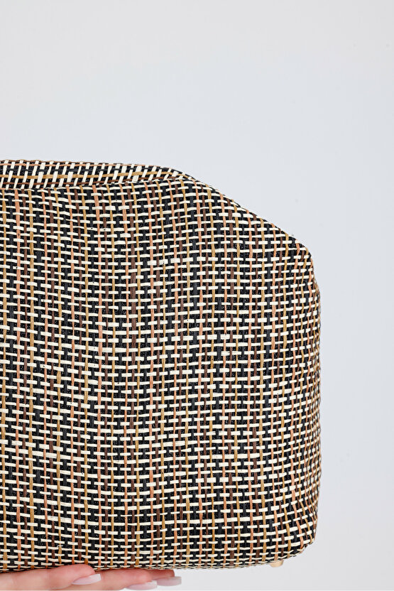 Heybes Kadın Çizgili Jüt Hasır Clutch El Çantası