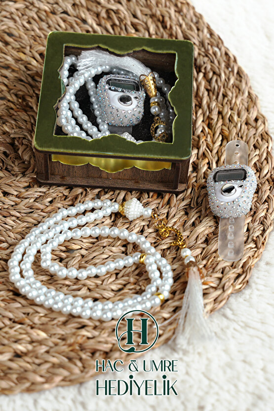 Hediyelik Tesbih Seti | Ahşap Kutulu Elektronik Tesbih ve 99lu İnci Tespih | Özel Gün Hediyesi