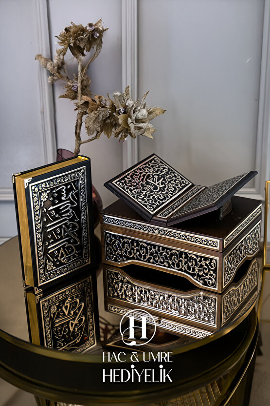 Kutulu Kuran, Kuranı Kerim, Hediyelik Kuran, 925 Gümüş İşlemeli Masif Ahşap Kutu ve Kuranı Kerim Set