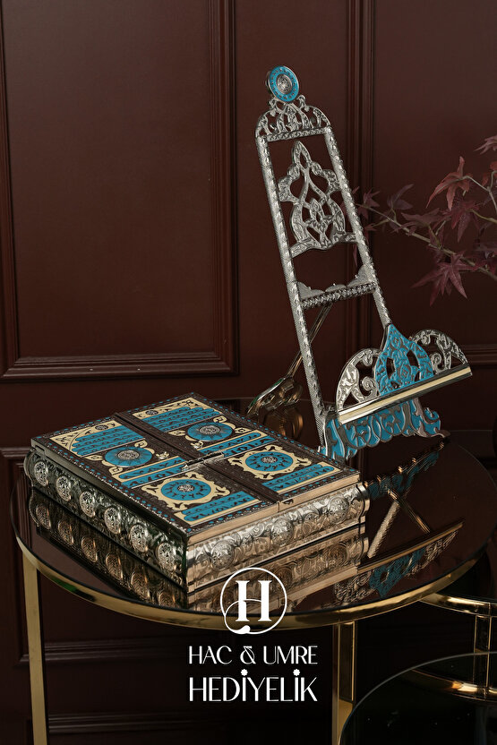 Gümüş Kaplama Kuran Kabı ve Kadife Kuranı Kerim Seti | Hediyelik Lüks Stantlı Kuran Kutusu ve Kuran