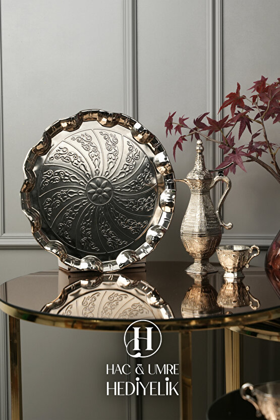 Zemzem Takımı | Zemzem Seti | El Yapımı Gümüş Zemzem Sunum Seti | Tepsi, İbrik ve Bardak Set