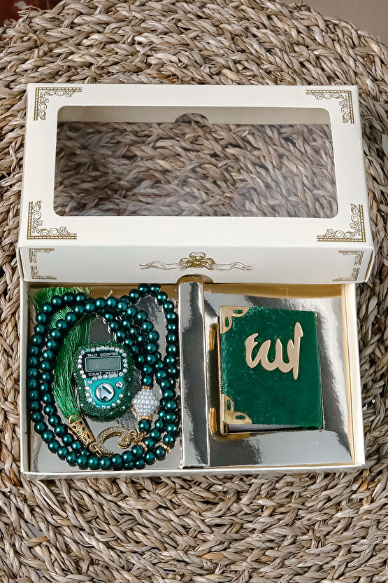 10 Adet - Taşlı Zikirmatik Tesbihmatik Kadife Kaplı Mini Kuran 99lu İnci Tesbih Seti