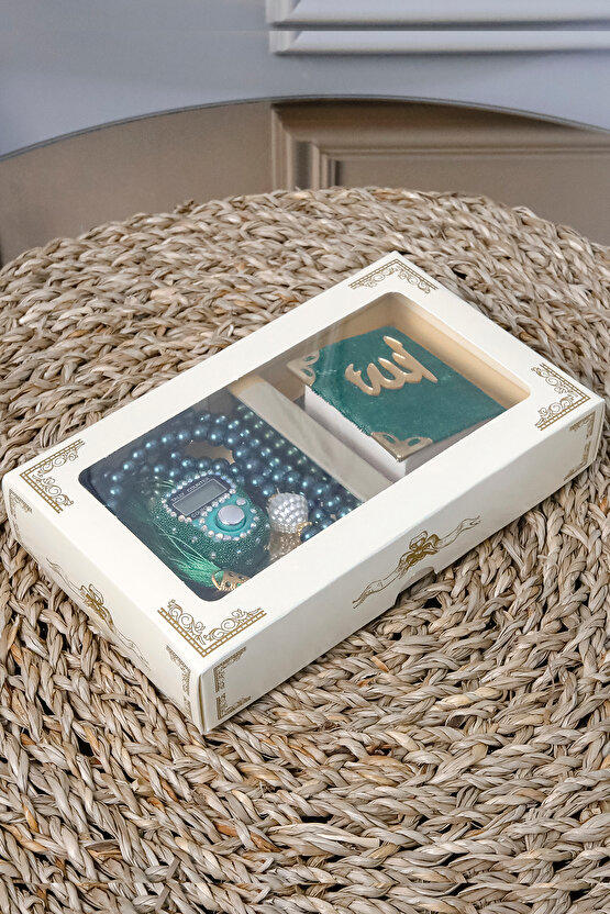 10 Adet - Taşlı Zikirmatik Tesbihmatik Kadife Kaplı Mini Kuran 99lu İnci Tesbih Seti