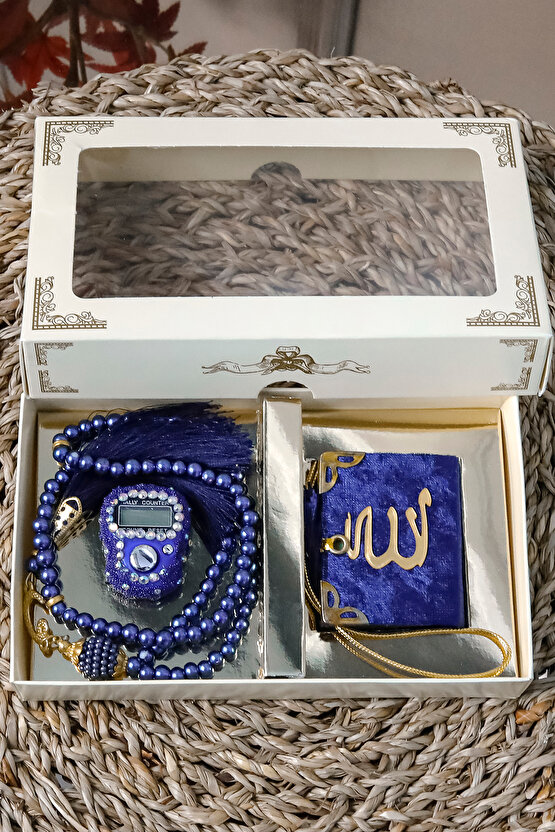 10 Adet - Taşlı Zikirmatik Tesbihmatik Kadife Kaplı Mini Kuran 99lu İnci Tesbih Seti