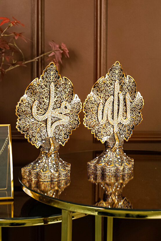 İKİLİ LÜKS FİGÜR PAPATYA VE ÇINAR YAPRAKLI ALLAH MUHAMMED İŞLEMELİ DEKORATİF OBJE