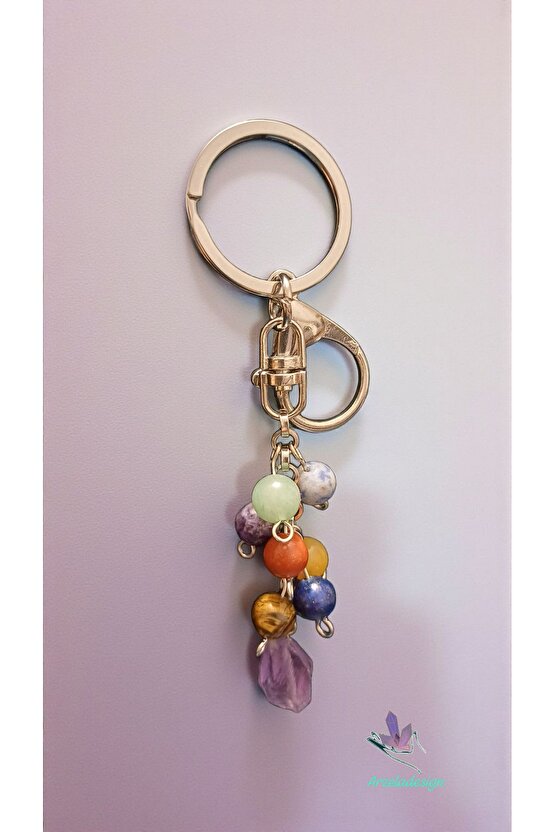 Doğal Taş Çakra Anahtarlik Paslanmaz Çelik Zincir, 8mm Taş