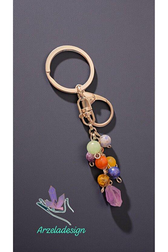 Doğal Taş Çakra Anahtarlik Paslanmaz Çelik Zincir, 8mm Taş