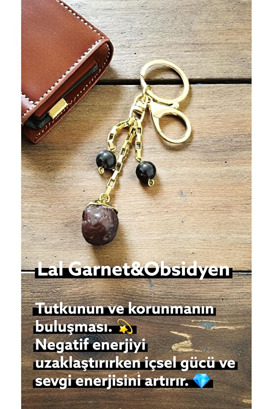 Doğal Taş Lal Garnet Obsidyen Anahtarlık Koruma ve Liderlik Enerjisi Çelik ve Altin Kaplama