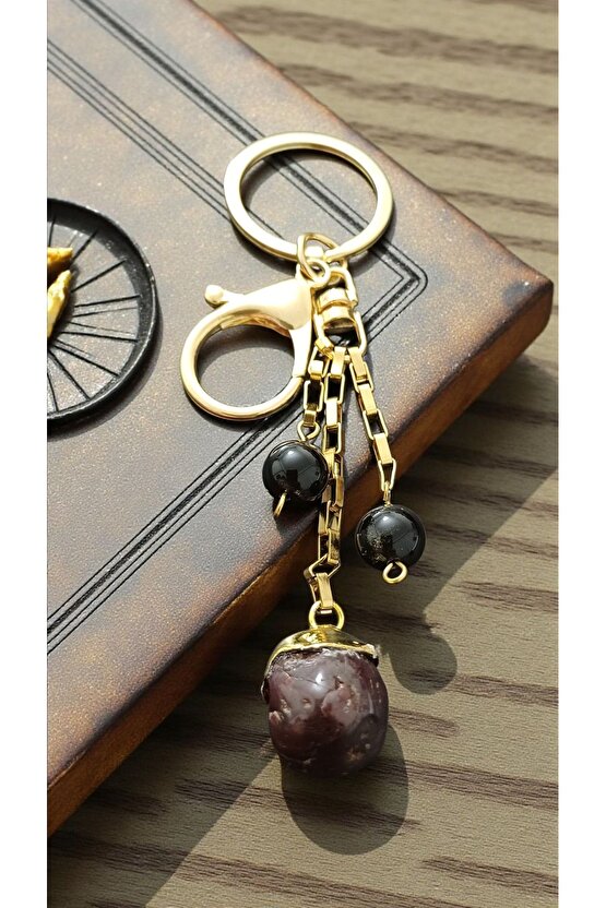 Doğal Taş Lal Garnet Obsidyen Anahtarlık Koruma ve Liderlik Enerjisi Çelik ve Altin Kaplama