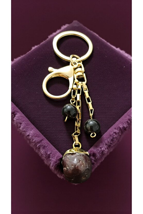 Doğal Taş Lal Garnet Obsidyen Anahtarlık Koruma ve Liderlik Enerjisi Çelik ve Altin Kaplama