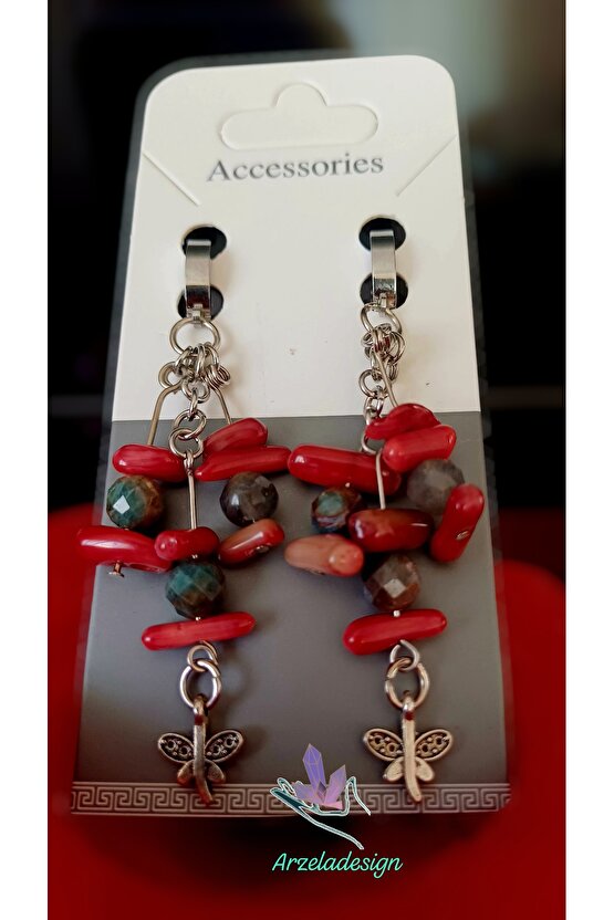 Doğal Taş MERCAN Küpe Gümüş Kaplama