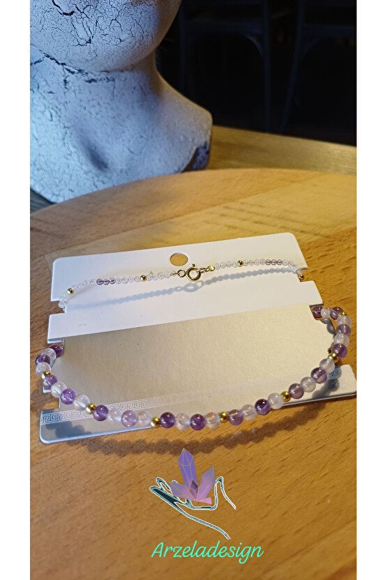 925 Ayar Gümüş Dogal Taş Kolye Ametist ve pembe Kuvar