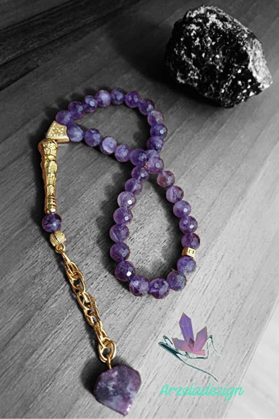 Doğal Taş AMETİST KRISTAL KESİM ERKEK TESBİH 33 LÜ 8mm taş ve LEPİDOLİT TAŞ UÇ