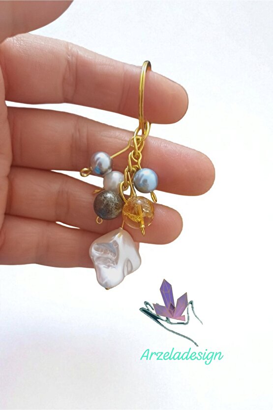 Doğal Taş Anahtarlık Barok İnci Sitrin  Pirit Bolluk ve Berekt  Anahtarligi